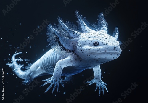 Axolotl in dark waters, displaying unique feathery gills.