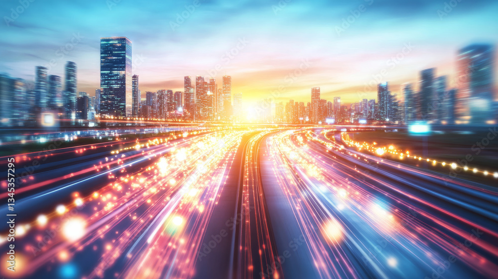 Fototapeta premium vibrant cityscape at sunset with futuristic light trails creating dynamic and energetic atmosphere, highlighting blend of urban architecture and technology
