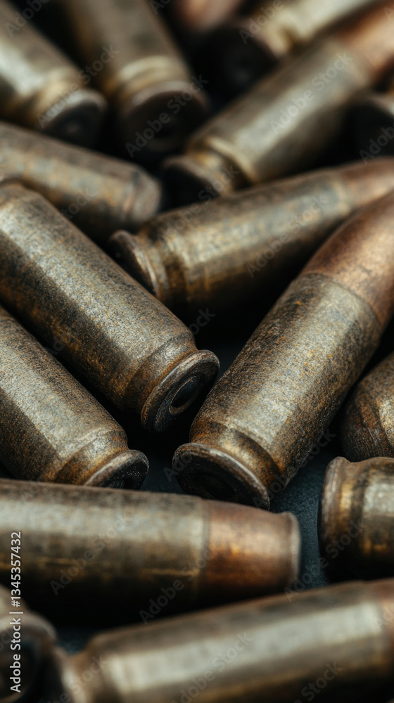 Close Up of Rustic Bullet Casings on Dark Surface Close Up of Rustic Bullet Casings on Dark Surface