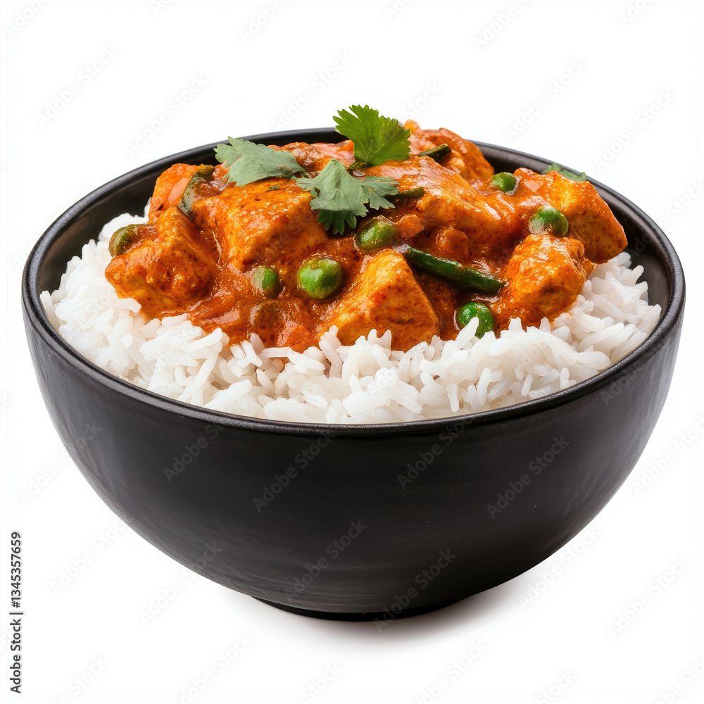Delicious paneer curry with peas served over fluffy white rice garnished with fresh cilantro Delicious paneer curry with peas served over fluffy white rice garnished with fresh cilantro