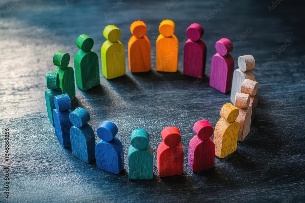 abstract wooden figures in various colors and sizes arranged in inclusive circle formation representing unity and diversity