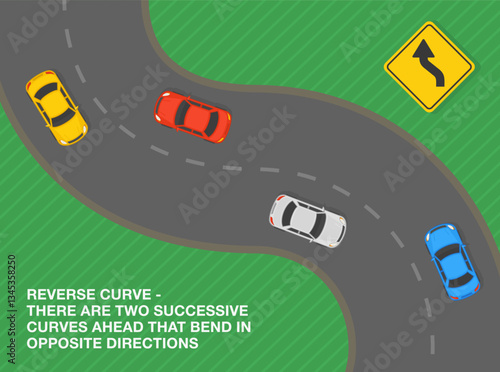 Safe driving tips and traffic regulation rules. United States "reverse curve" road sign. Curves bend in opposite direction. Top view of a traffic flow on road. Flat vector illustration template.