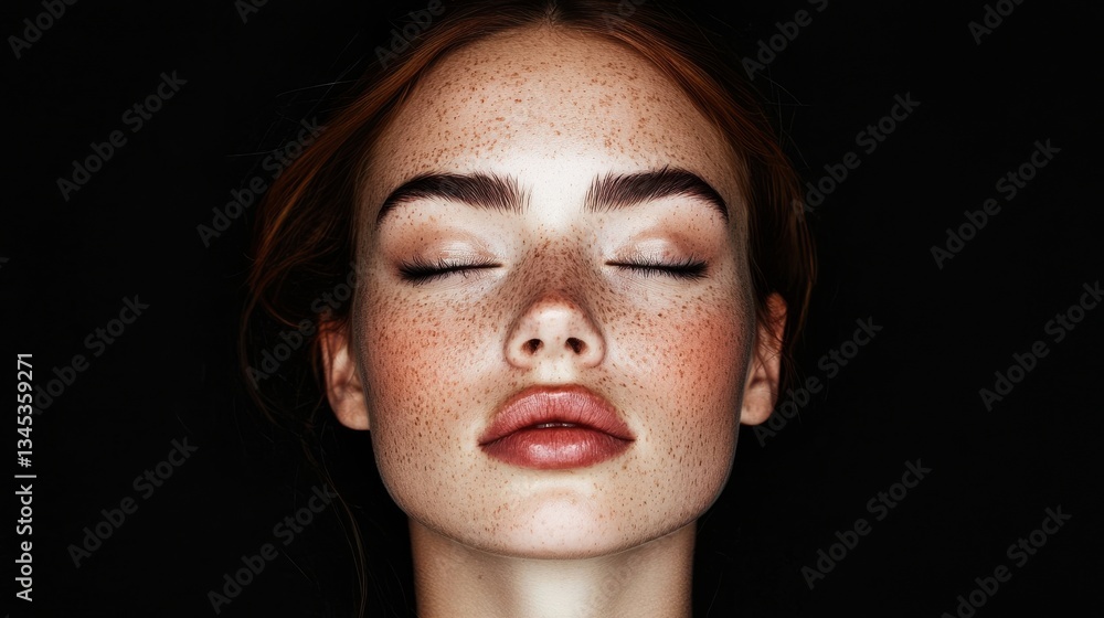 Close-up portrait of a person with freckles and reddish-brown hair against a black background Close-up portrait of a person with freckles and reddish-brown hair against a black background