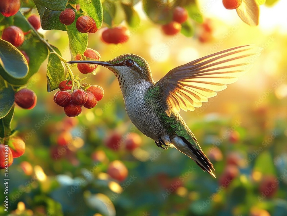 Obraz premium Hummingbird Feeds on Berries at Golden Hour, Wings Spread Wide in Nature's Embrace