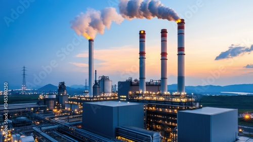 Wallpaper Mural Industrial Power Plant with Smokestacks at Dusk Overlooking City Landscape and Scenic Horizon Torontodigital.ca