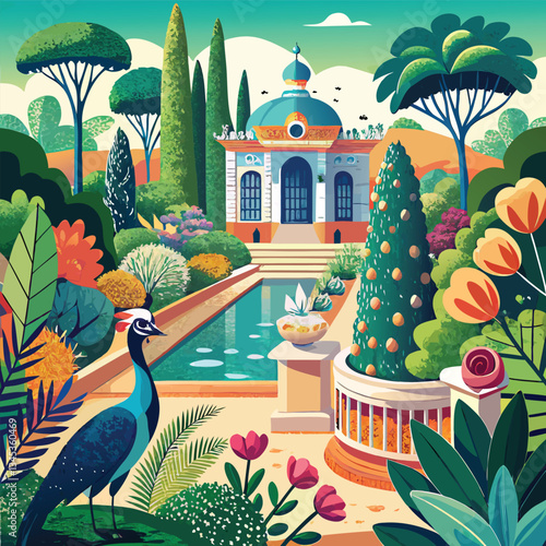 Victorian Garden with Elegant Peacock and Mediterranean Architecture