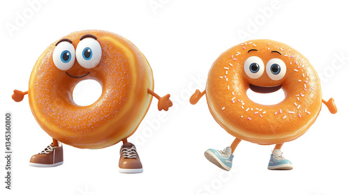 Two smiling cartoon donut characters with arms and legs against a transparent background