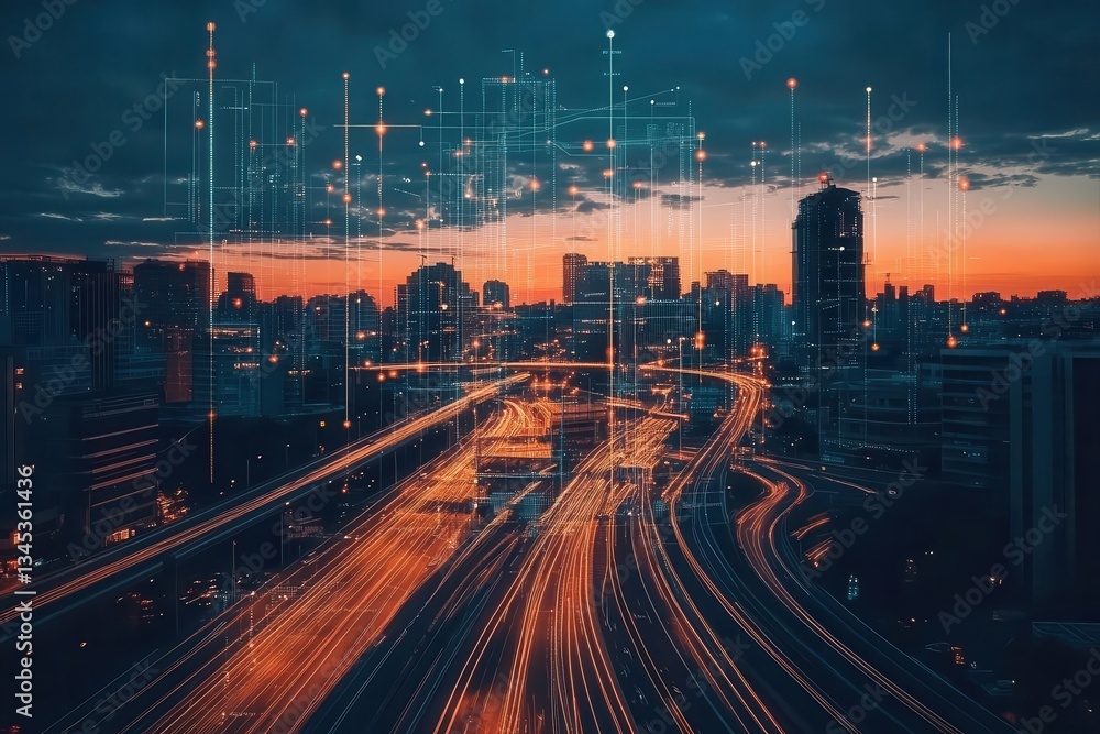 advanced drone with multiple cameras scanning modern city infrastructure against dramatic sunset sky creating digital mapping overlay