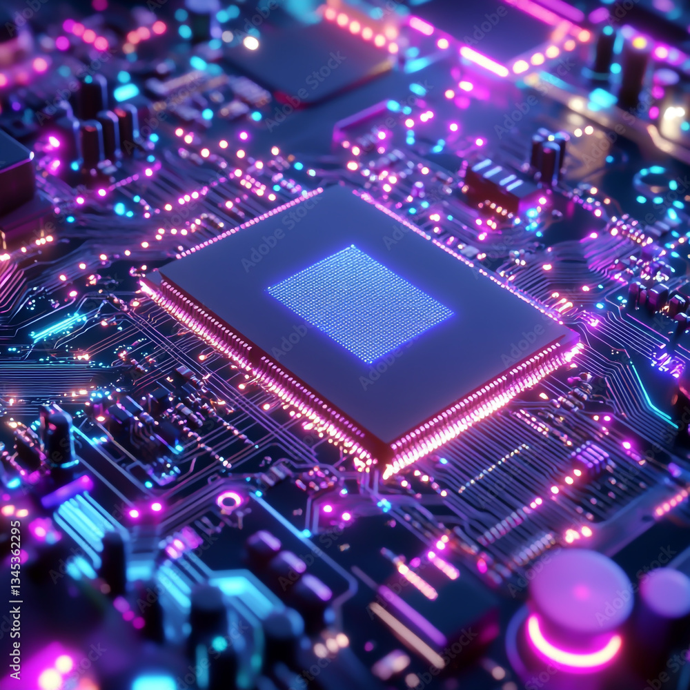 a computer chip with glowing lights, inside a circuit board, in blue and purple colors, with a blurred background. a computer chip with glowing lights, inside a circuit board, in blue and purple colors, with a blurred background.