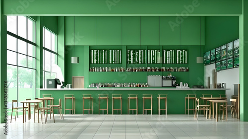 Modern Green Cafe Interior With Wooden Furniture And Large Windows