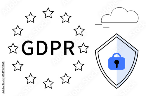Stars forming a circle around GDPR text, security shield with a lock icon, and cloud icon. Ideal for themes of data protection, privacy, EU regulations, corporate security, cybersecurity, online