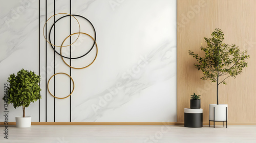 Modern Minimalist Interior Design With Marble Wall And Plants