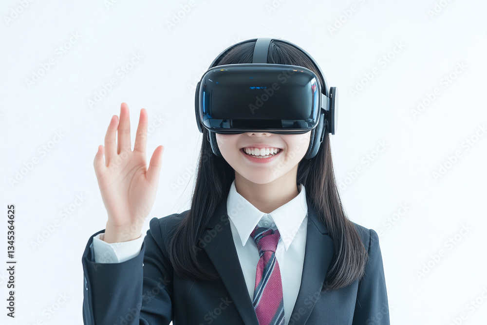 VRヘッドセットを身に着けている女子学生 VRヘッドセットを身に着けている女子学生