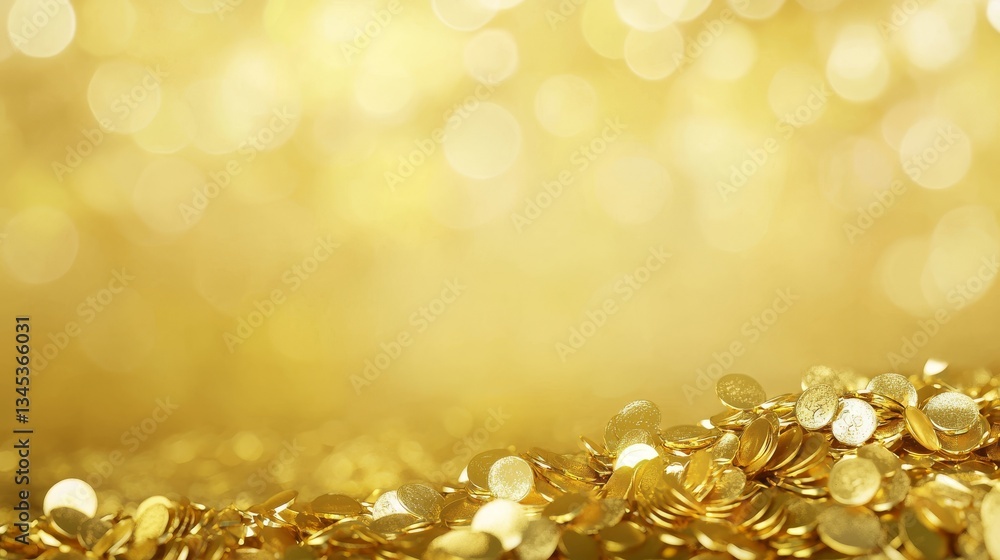 Glittering pile of gold coins on a golden background, symbol of wealth and prosperity Glittering pile of gold coins on a golden background, symbol of wealth and prosperity