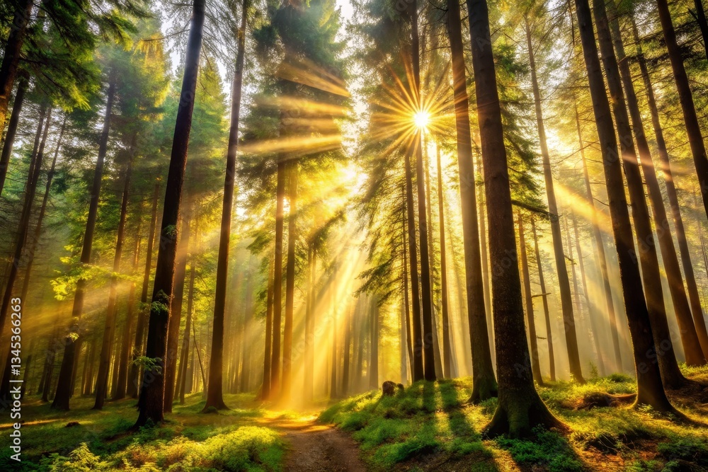 Sunbeams Through Tall Trees in Forest Sunbeams Through Tall Trees in Forest