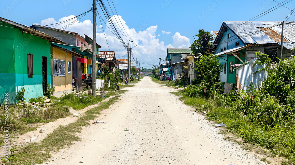 Dusty Road Leading Through Colorful Houses Under Bright Blue Sky in a Small Town Dusty Road Leading Through Colorful Houses Under Bright Blue Sky in a Small Town