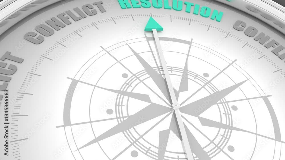 The needle of compass points to the word Resolution ignoring the words conflict , as a metaphor for discovering the real situation. 3D render The needle of compass points to the word Resolution ignoring the words conflict , as a metaphor for discovering the real situation. 3D render