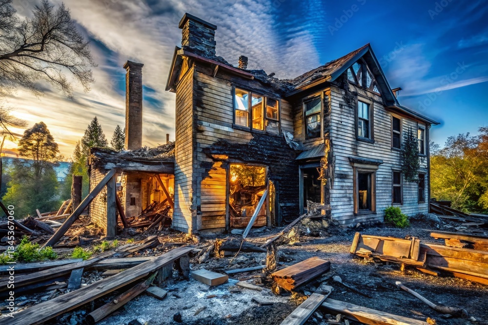Fototapeta premium Devastated Home After Fire: Architectural Remains and Damage Stock Photo
