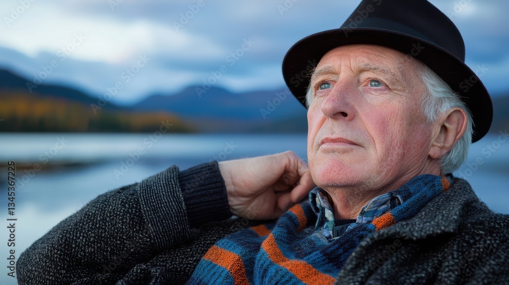 Elderly man in a black fedora contemplating by a lake with mountains in the background Elderly man in a black fedora contemplating by a lake with mountains in the background