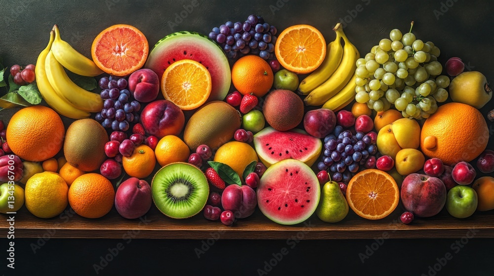 A beautiful collection of 50 fruits like oranges, bananas, grapes, apples, pears, cherries, plums, peaches, strawberries, kiwi, watermelon, mangoes, and more, placed symmetrically A beautiful collection of 50 fruits like oranges, bananas, grapes, apples, pears, cherries, plums, peaches, strawberries, kiwi, watermelon, mangoes, and more, placed symmetrically