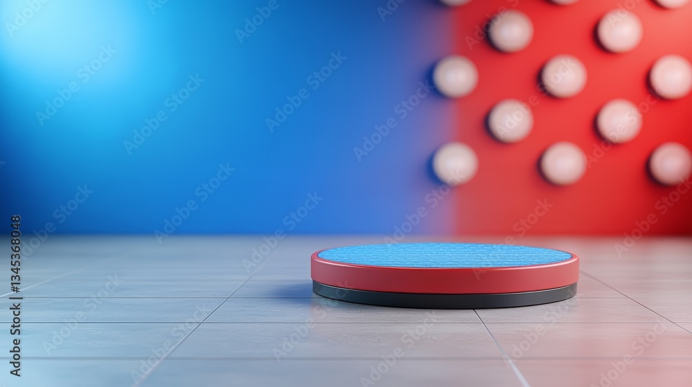 Intriguing red and blue object on a tiled floor, study in contrast geometric design