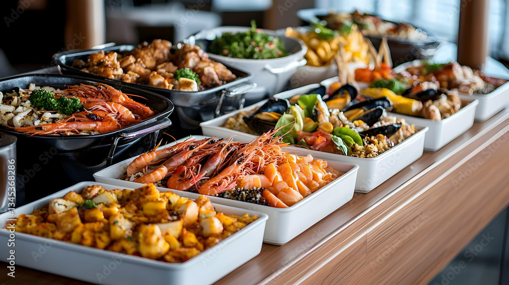 Obraz premium Seafood And Other Dishes Buffet Display On Wooden Table
