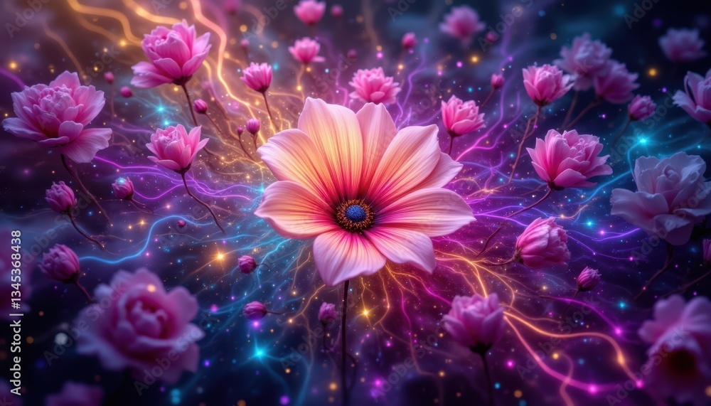 Fototapeta premium The enchanting flower illustration was vividly depicted against a backdrop of swirling lights, creating a mesmerizing display of color and beauty.