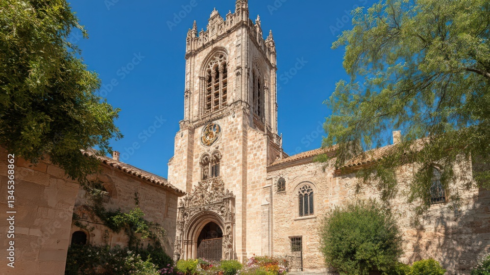 Fototapeta premium Sunlight Illuminates Stone Church Tower Amidst Lush Greenery
