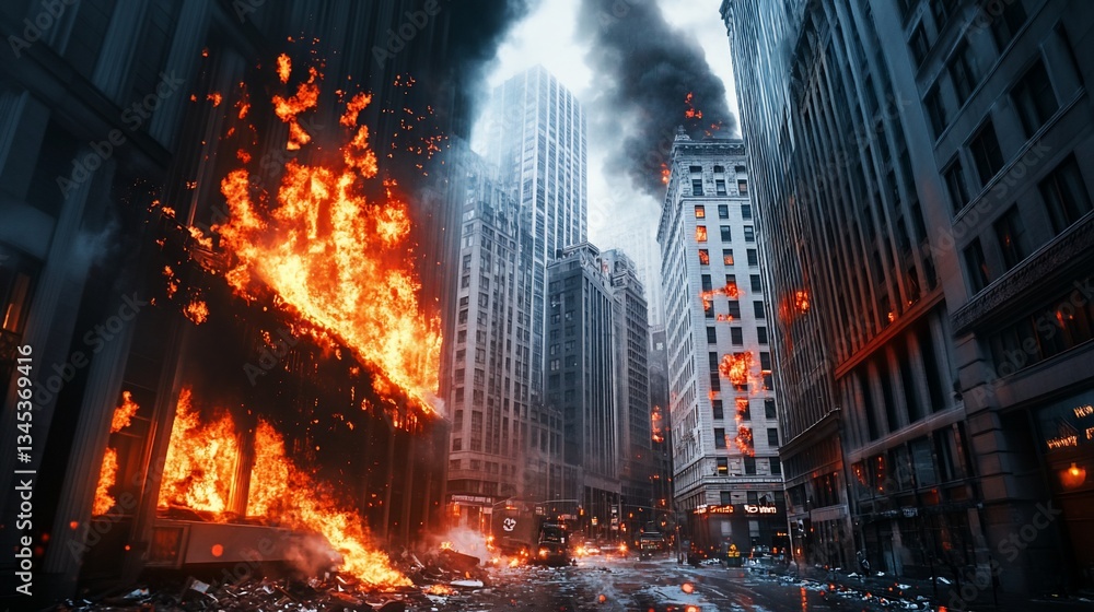Fototapeta premium Inferno in the City: Buildings Engulfed in Flames and Chaotic Aftermath