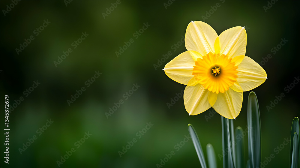 Single Yellow Daffodil Flower with Raindrops on Green Stem and Dark Blurred Background with Soft Lighting Single Yellow Daffodil Flower with Raindrops on Green Stem and Dark Blurred Background with Soft Lighting