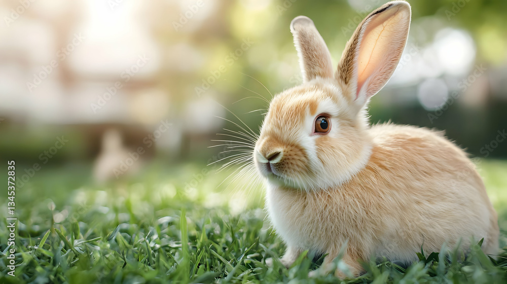 Fototapeta premium Cute Light Brown Rabbit Sitting On Green Grass