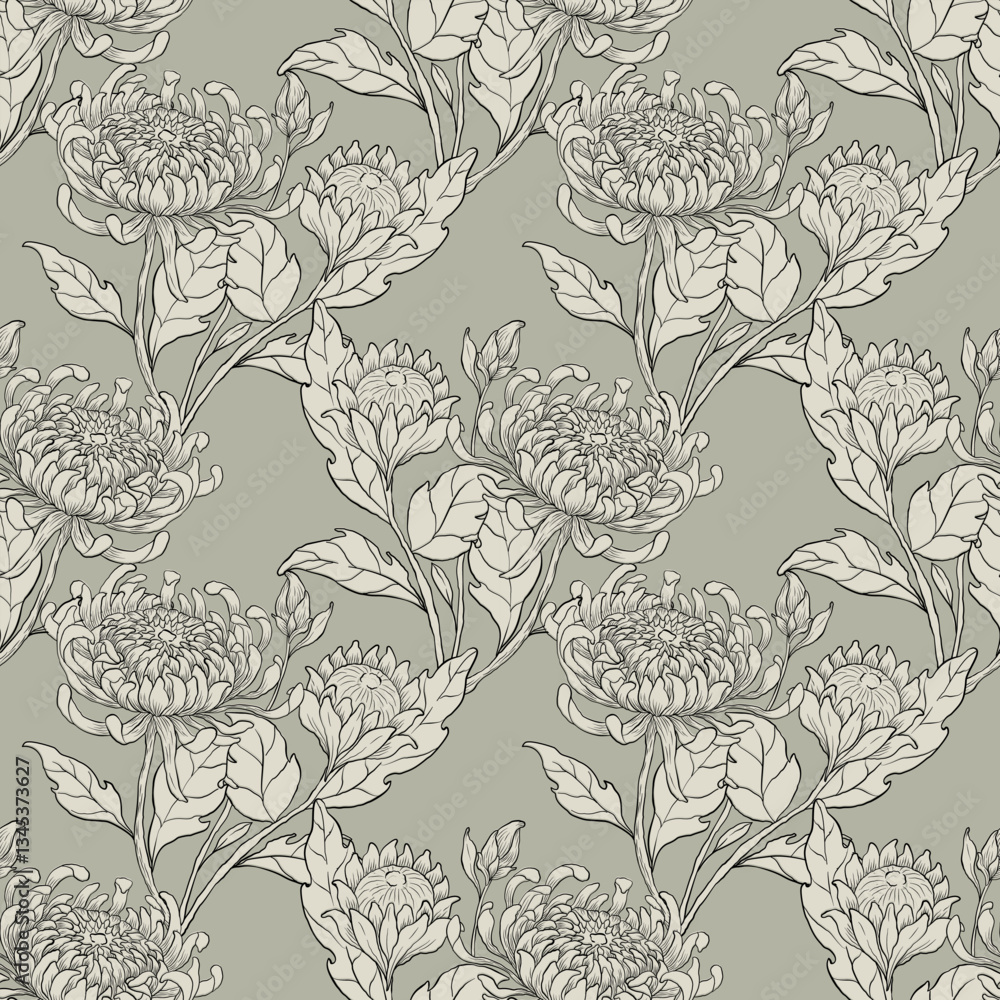 custom made wallpaper toronto digitalHand drawing Chrysanthemum with line art floral embroidery, textile, fabric, vintage, vector illustration design.