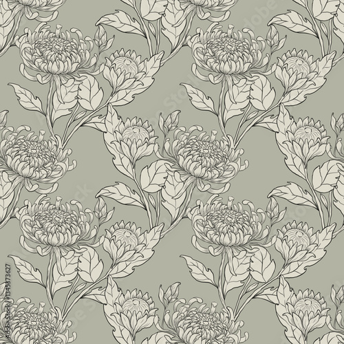 Wallpaper Mural Hand drawing Chrysanthemum with line art floral embroidery, textile, fabric, vintage, vector illustration design. Torontodigital.ca