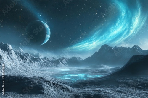 alien planetscape with bioluminescent celestial bodies multiple moons casting ethereal light across crystalline terrain cosmic aurora dancing in starlit sky