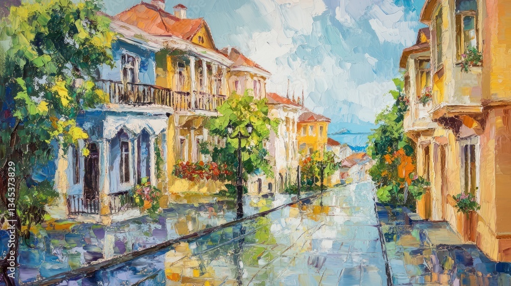 Fototapeta premium Colorful oil painting of a European street after a rainfall