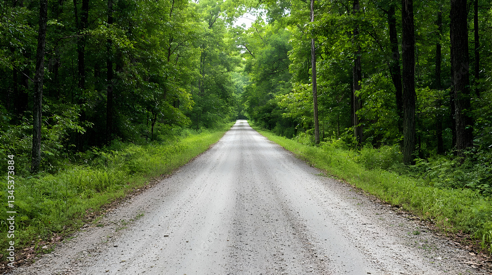 Naklejka premium Gravel Path Through Lush Green Forest Canopy Under Bright Daylight