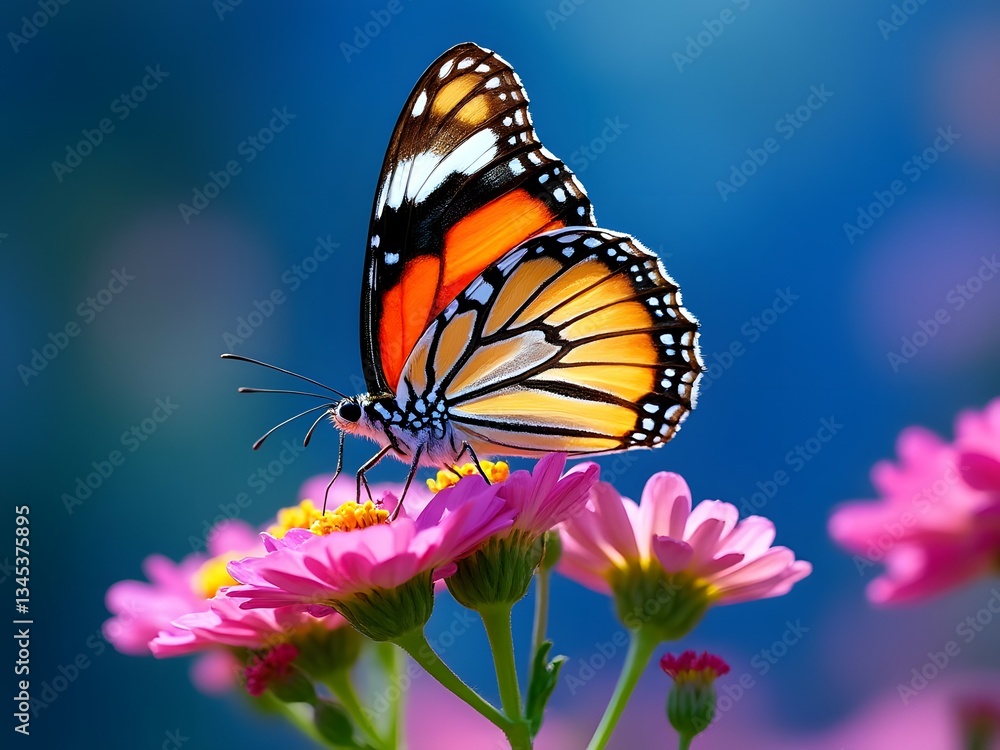 Obraz premium Close-up of colorful butterfly on pink flowers, blue sky background, macro style, vibrant and detailed, ideal for wallpaper, nature photography