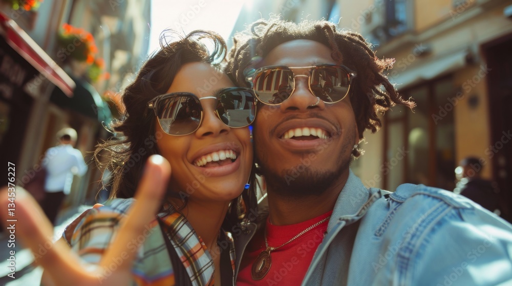 Obraz premium Joyful couple celebrates life with smiles while enjoying a sunny day in a vibrant city street