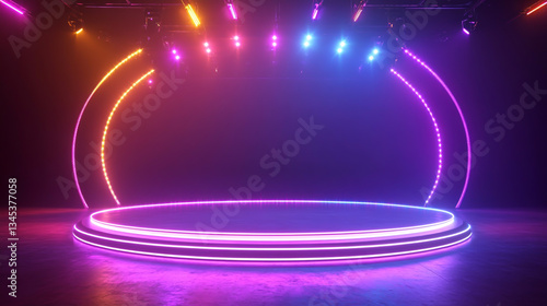 A large circular stage with neon lights and colorful LED light decorations in the center of an indoor arena.