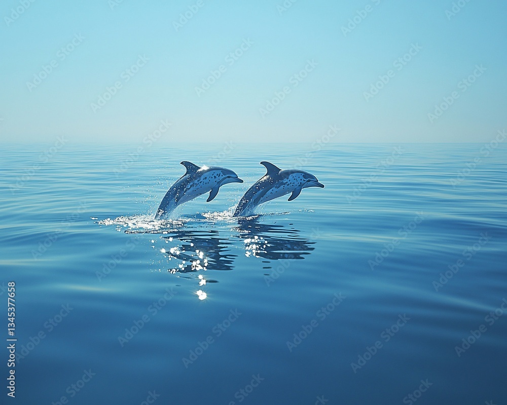 Fototapeta premium Two dolphins leap from the ocean surface.