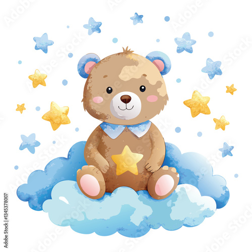 Delicate Watercolor Illustration of a Snuggly Nursery Teddy Bear