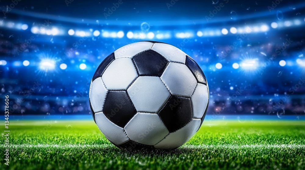 Naklejka premium soccer ball on vibrant green field under bright stadium lights, capturing excitement of night game. scene is dynamic, with sense of anticipation in air