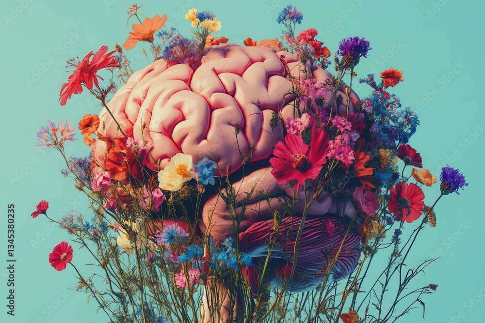 anatomical human brain blooming with vibrant wildflowers merging scientific illustration with organic botanical elements in surreal composition