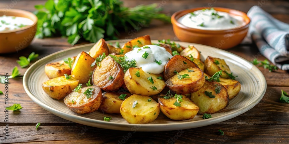 Pan-seared crispy breakfast potatoes on a plate garnished with fresh herbs and a dollop of sour cream, crispy, sour cream Pan-seared crispy breakfast potatoes on a plate garnished with fresh herbs and a dollop of sour cream, crispy, sour cream