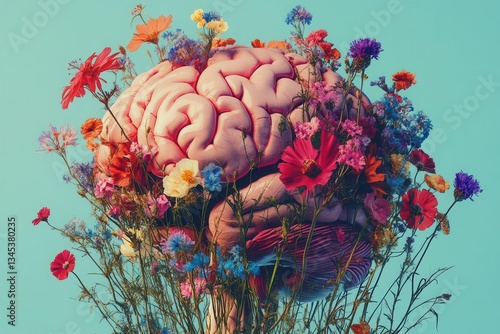 Obraz na płótnie anatomical human brain blooming with vibrant wildflowers merging scientific illustration with organic botanical elements in surreal composition w salonie