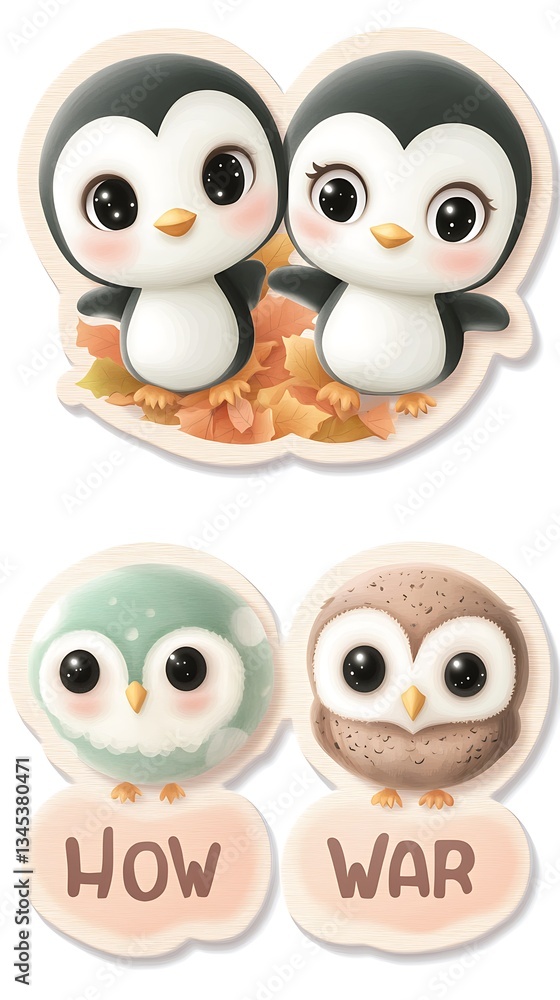 Fototapeta premium Cute Penguin & Owl Pair for Autumn Leaves.