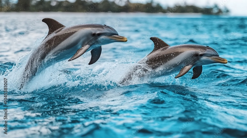 Fototapeta premium Two dolphins leaping from ocean waves. (1)