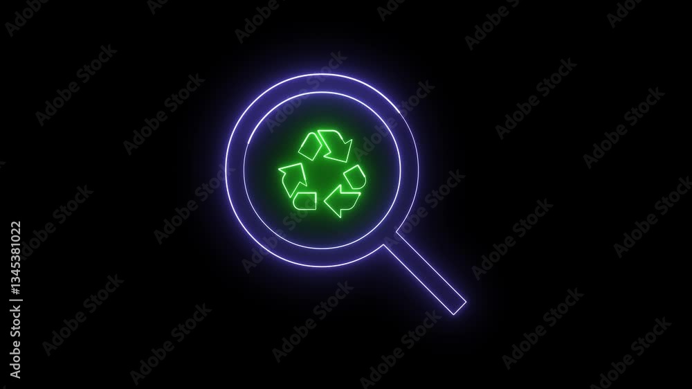 Magnifying glass icons with recycling sign inside, animated in neon light Magnifying glass icons with recycling sign inside, animated in neon light