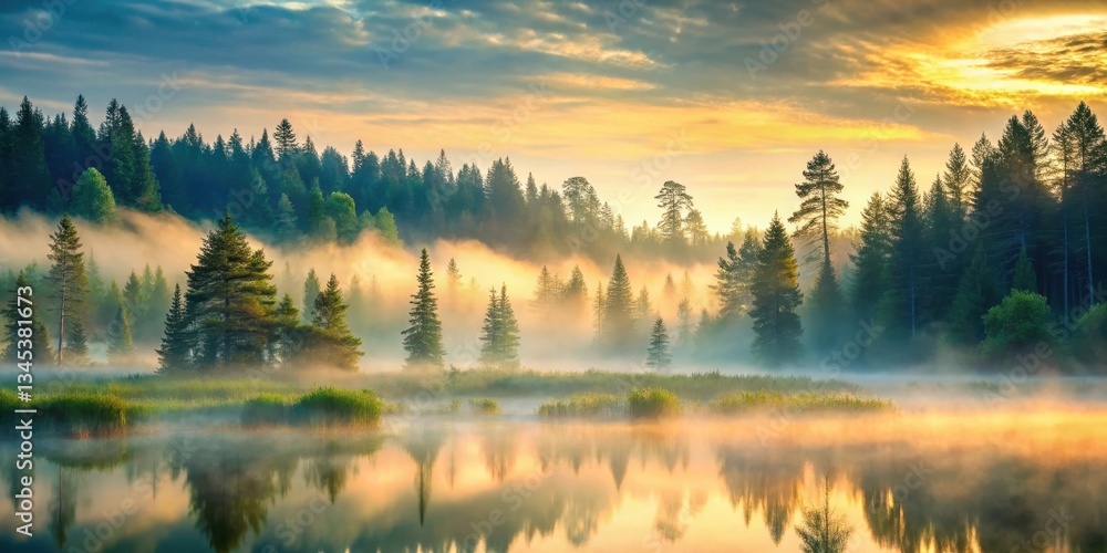 Fototapeta premium Gentle forest mist at dawn, serene landscape, peaceful, serene landscape, peaceful, stillness, nature