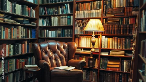 Cozy library with tall wooden shelves filled with books, warm golden light from vintage lamps, old leather armchair in corner, peaceful and studious atmosphere